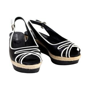 Sergio Rossi BLACK WHITE GENUINE LEATHER OPEN TOE PLATFORM SLINGBACKS SHOES 37